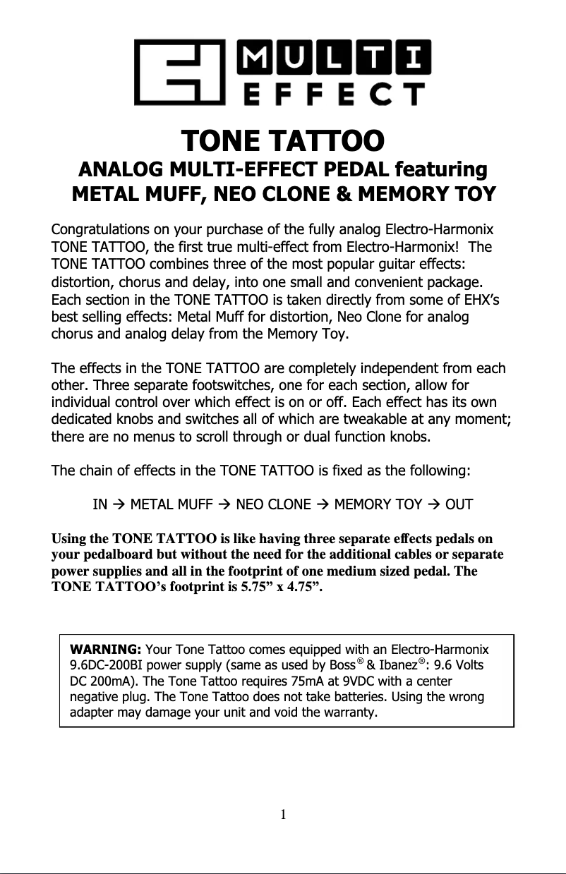 Page n°1 - Manuel utilisateur Electro Harmonix Tone Tattoo