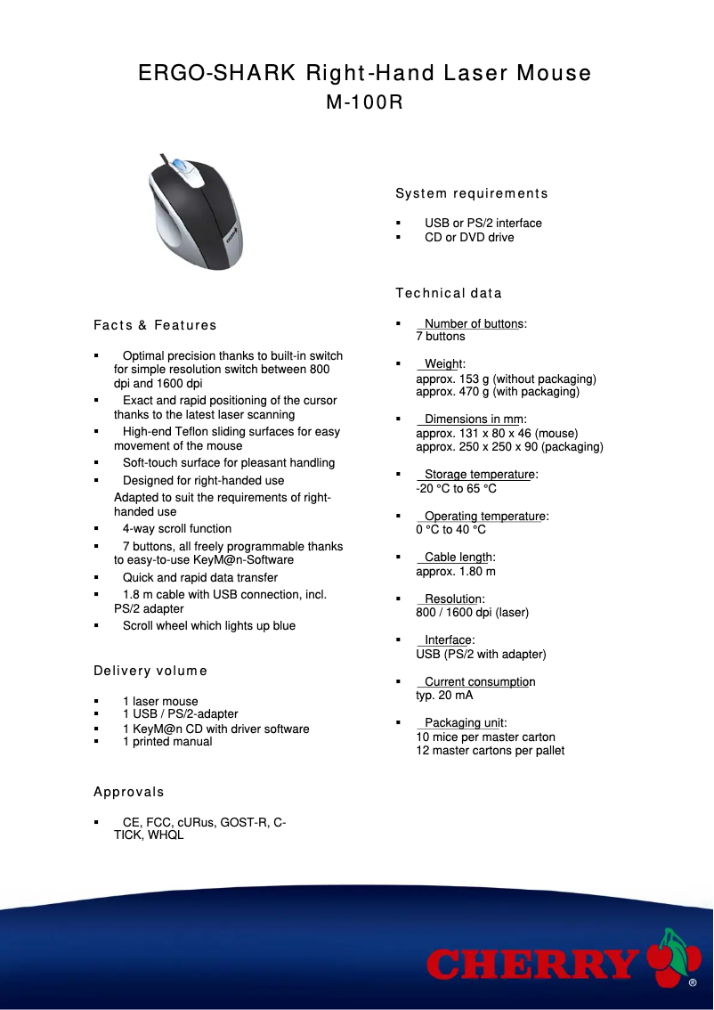 Page 1 de la notice Fiche technique Cherry eVolution ERGO-SHARK