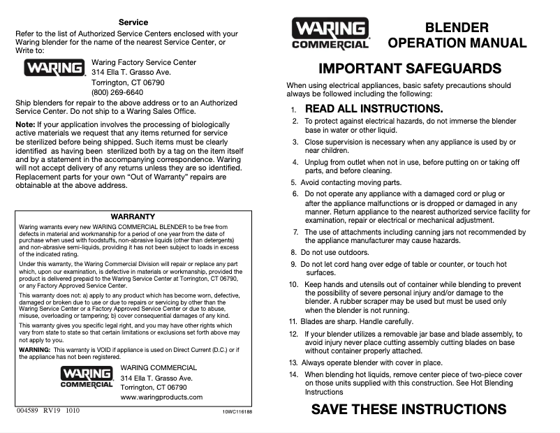 Página 1 del manual Manual de usuario Waring Commercial BB160S