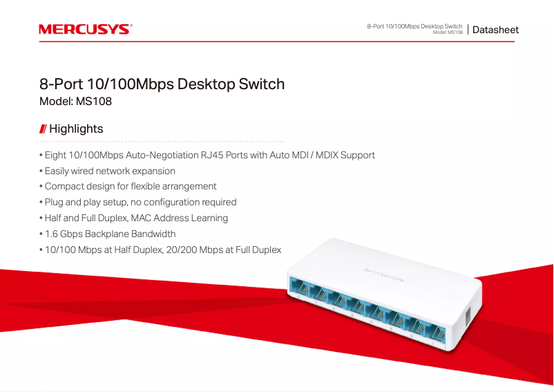 Page 1 de la notice Fiche technique Mercusys MS108