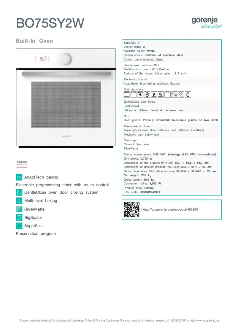 Page n°1 - Fiche technique Gorenje BO75SY2