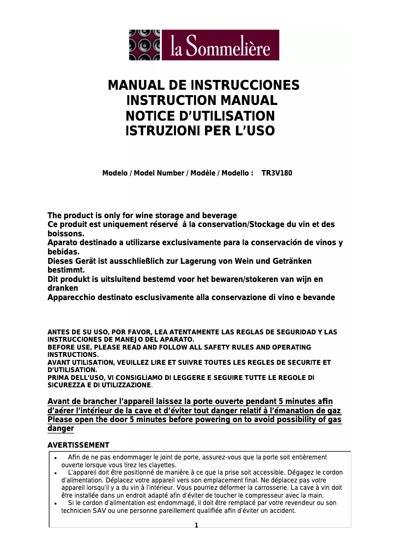 Page n°1 - Manuel utilisateur La Sommelière TR3V180