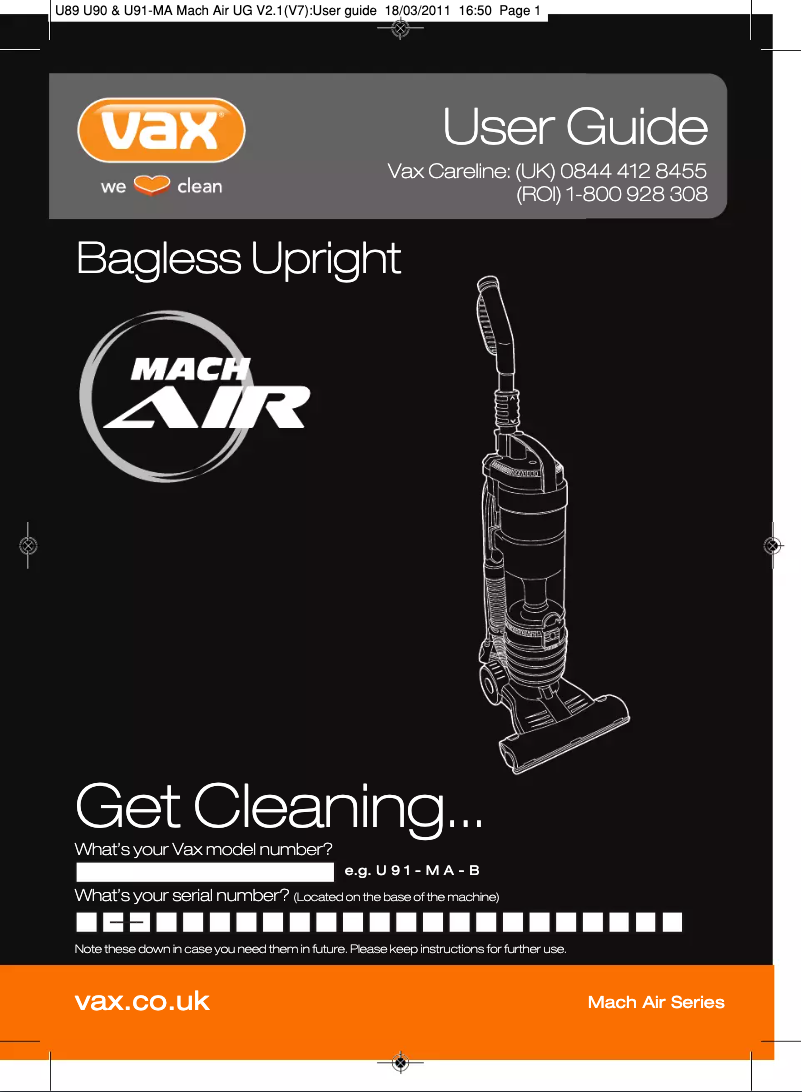 Page 1 de la notice Manuel utilisateur Vax Mach Air U89-MA-PF