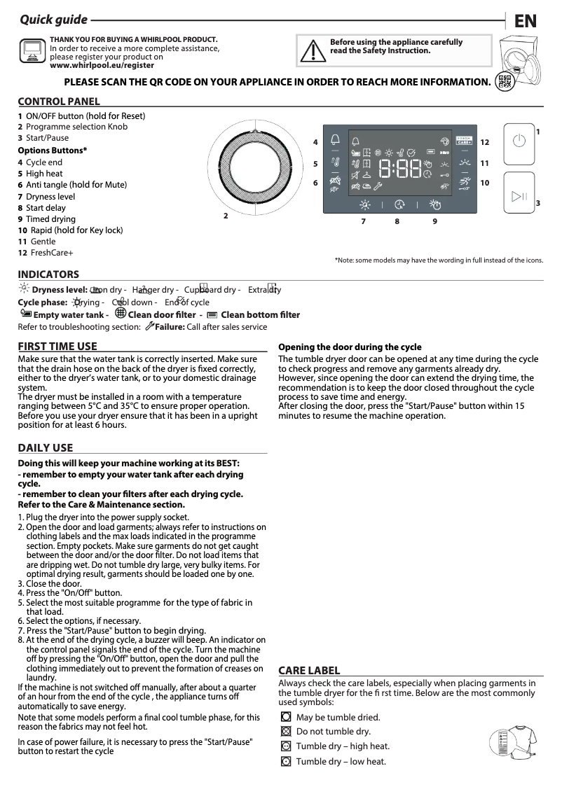 Page n°1 - Manuel d'utilisation et d'entretien Whirlpool FFT M22 9X3BX BE