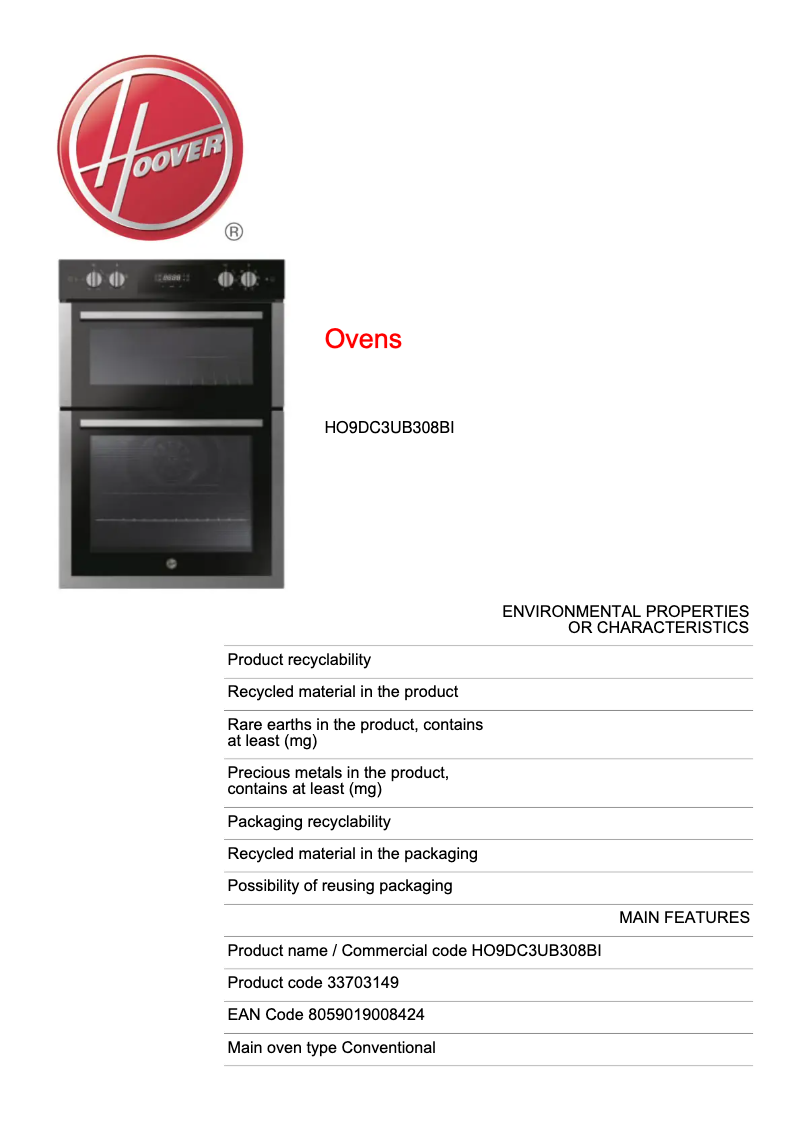 Page 1 de la notice Fiche technique Hoover H-OVEN 300 HO9DC3UB308BI