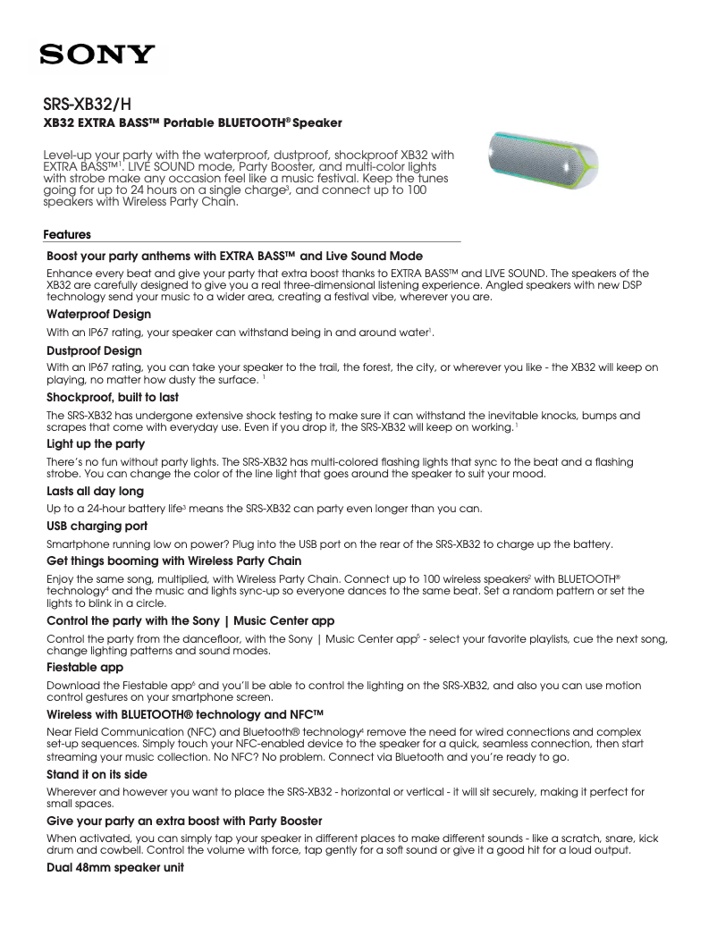 Page 1 de la notice Fiche technique Sony SRS-XB22