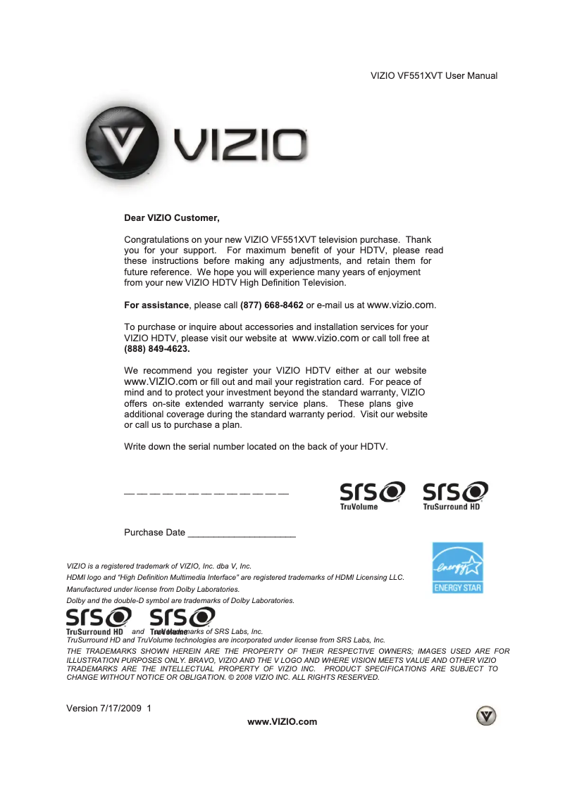 Page 1 de la notice Manuel utilisateur VIZIO VF551XVT