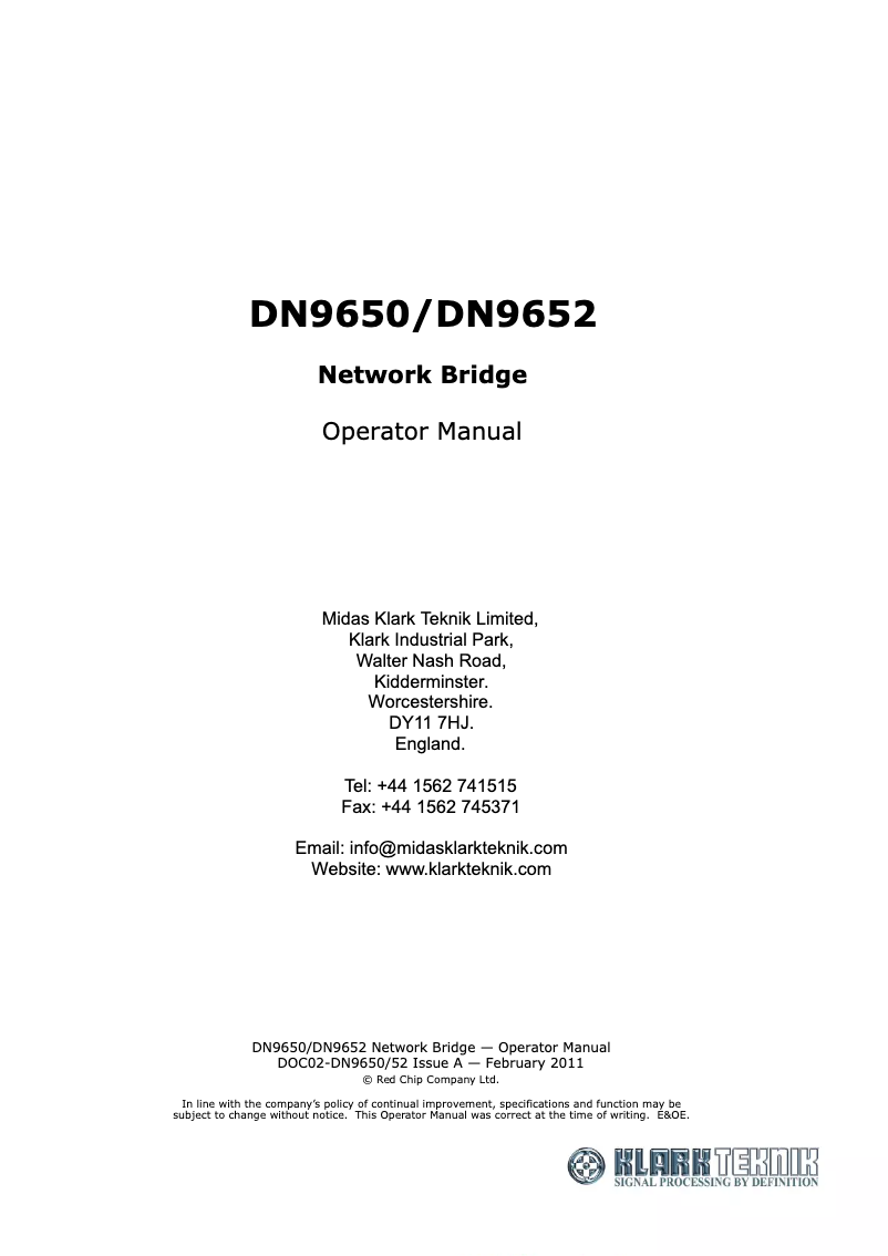 Page n°1 - Manuel utilisateur Klark Teknik DN9650