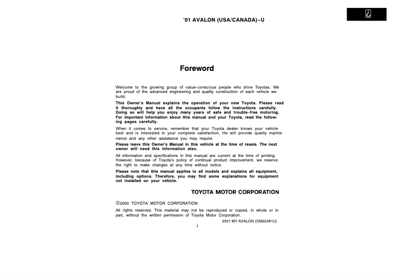 Page 1 de la notice Manuel utilisateur Toyota Avalon (2001)