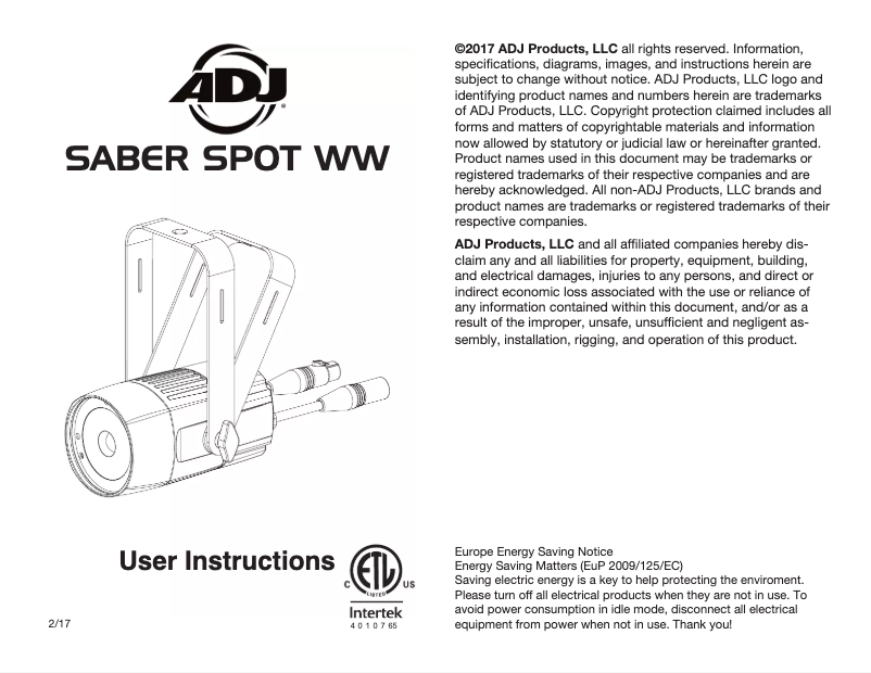 Page 1 de la notice Manuel utilisateur Adj Saber Spot
