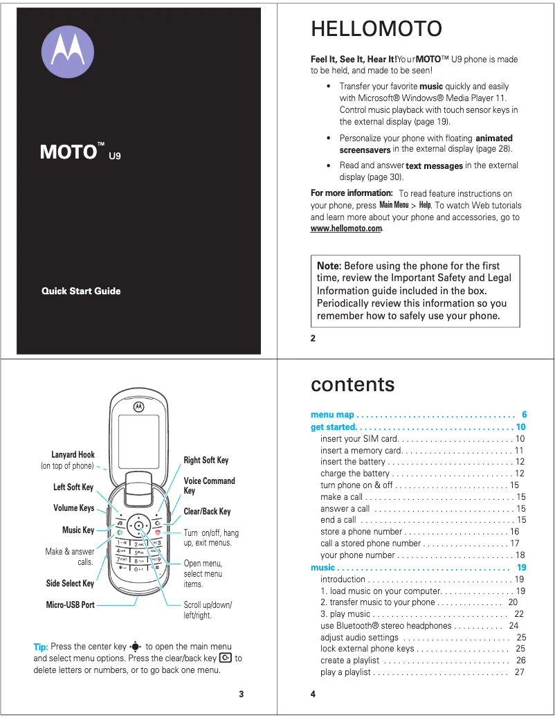 Page n°1 - Guide de démarrage rapide Motorola Moto U9