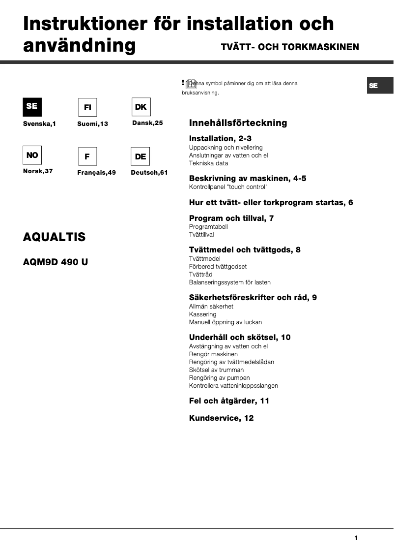 Page 1 de la notice Manuel utilisateur Hotpoint AQM9D 490 U Aqualtis