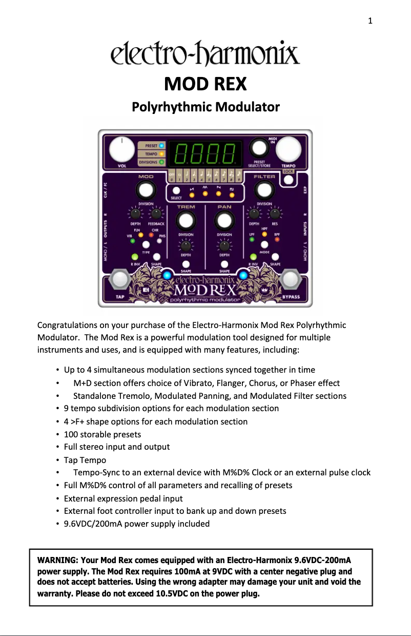 Page 1 de la notice Manuel utilisateur Electro Harmonix Mod Rex