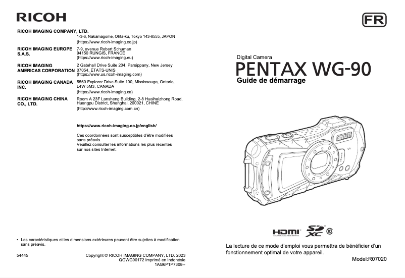 Page 1 de la notice Manuel utilisateur Pentax WG-90