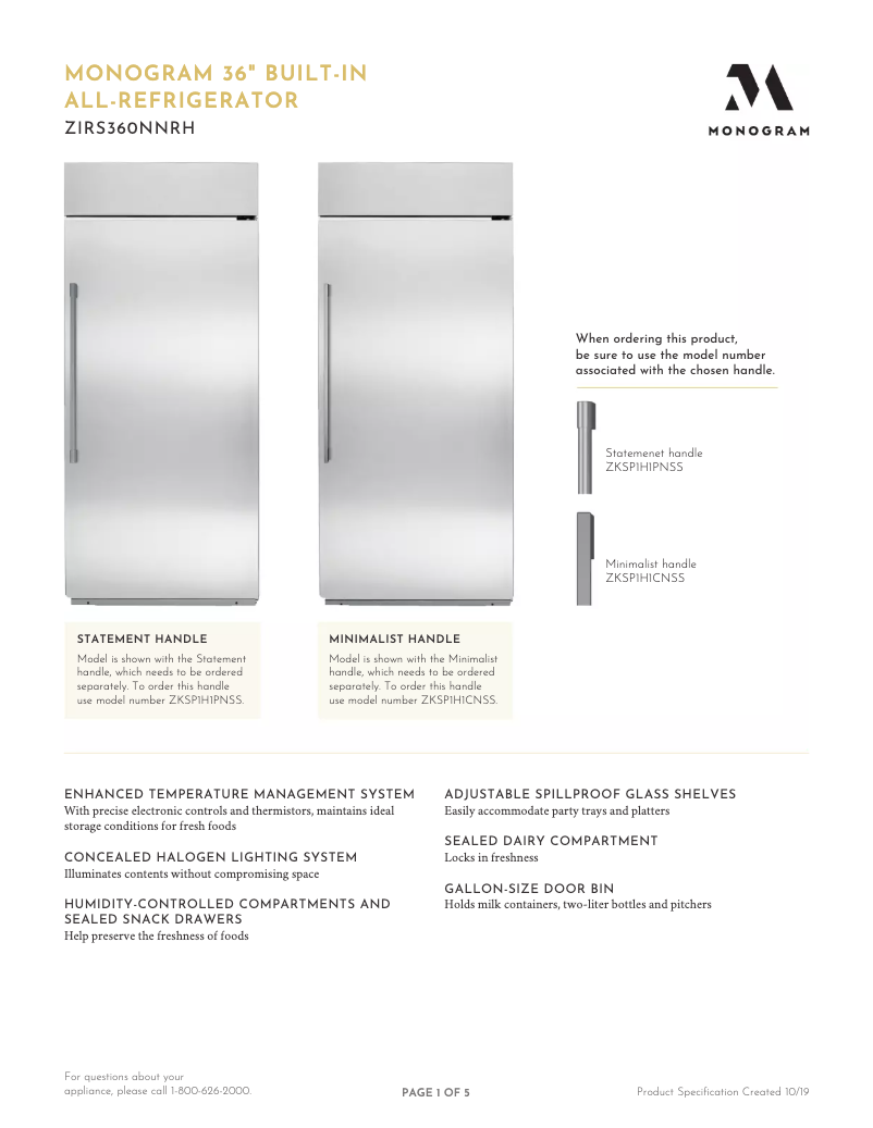 Page 1 de la notice Fiche technique Monogram ZIRS360NNRH
