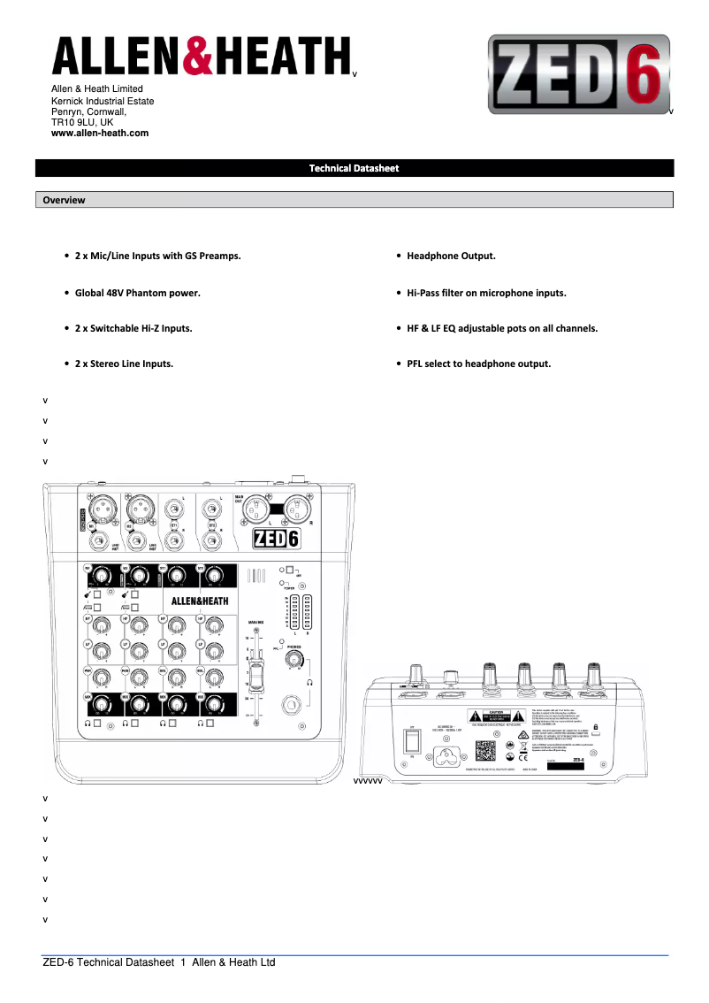 Page n°1 - Fiche technique Allen & Heath ZED-6