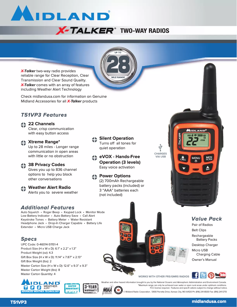 Page 1 de la notice Fiche technique Midland X-Talker T51VP3