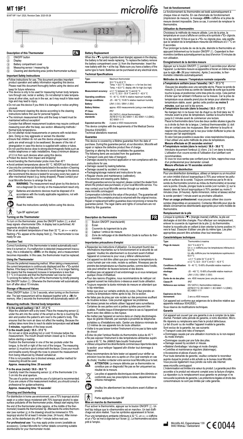 Page n°1 - Manuel utilisateur Microlife MT 19F1