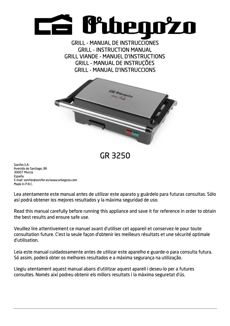 Page 1 de la notice Manuel utilisateur Orbegozo GR 3250