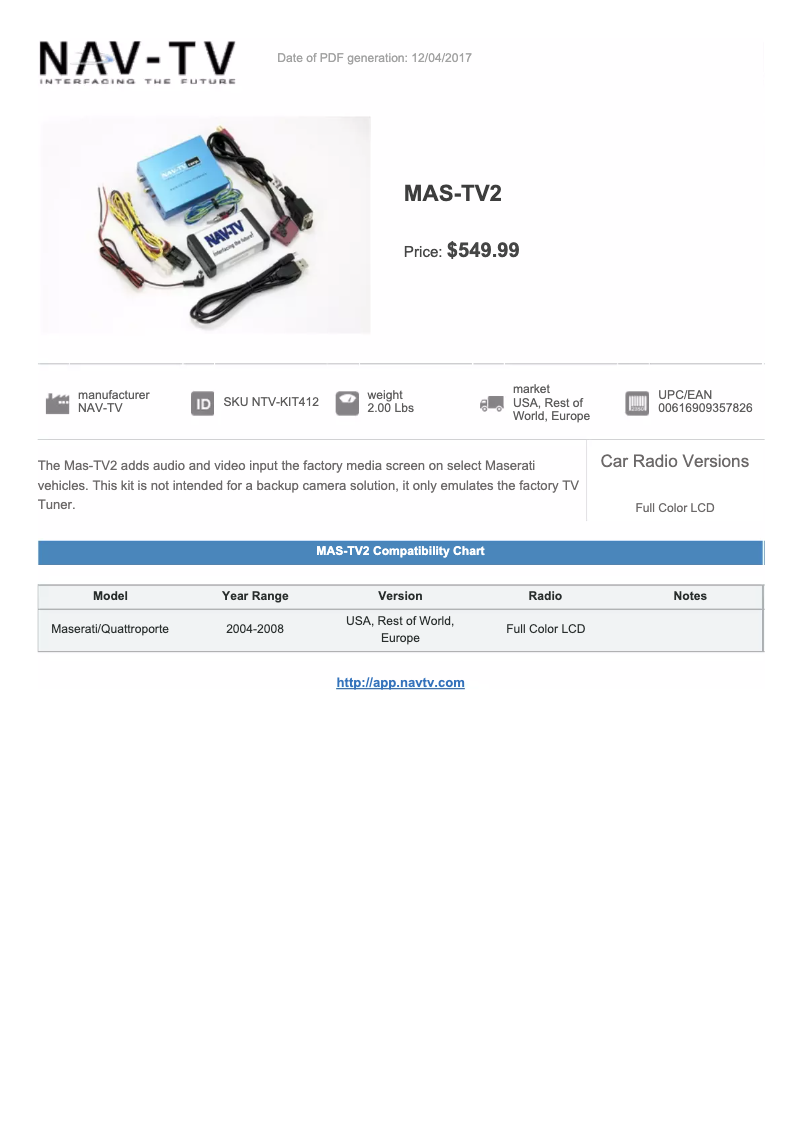 Image de la première page du manuel de l'appareil MAS-TV2 NTV-KIT412