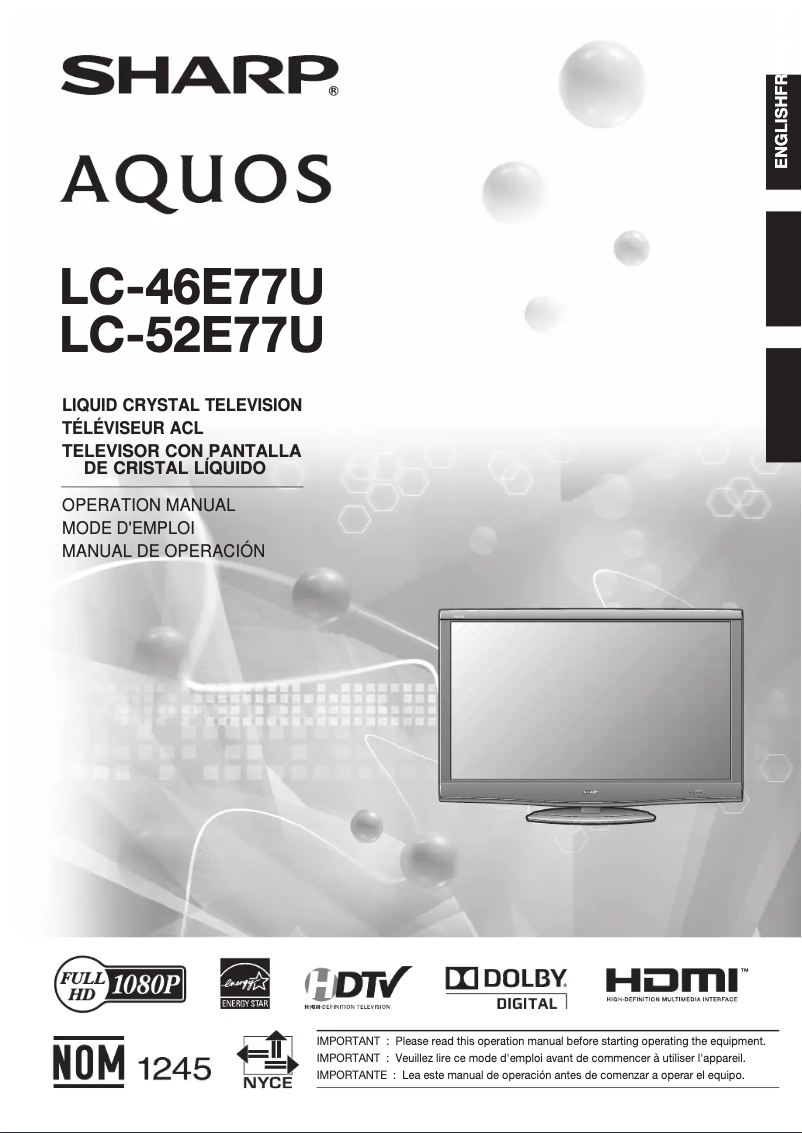 Image de la première page du manuel de l'appareil Aquos LC-52E77U