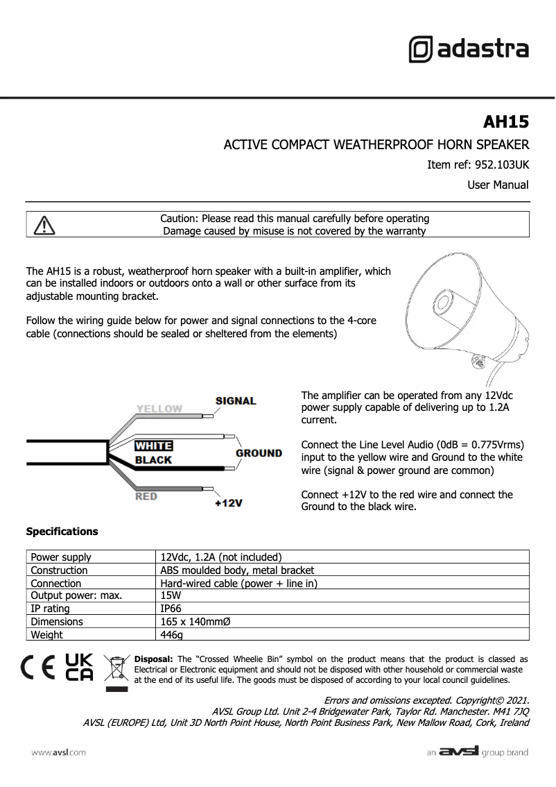 Page 1 de la notice Manuel utilisateur Adastra AH15