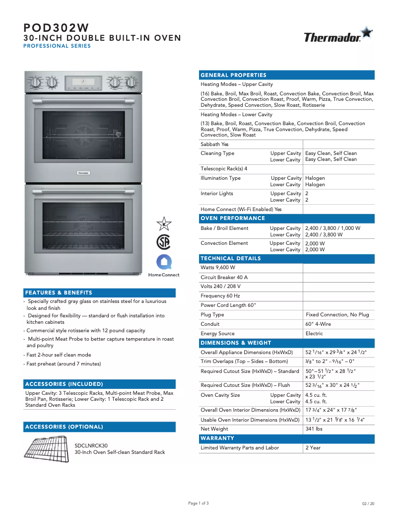Page 1 de la notice Fiche technique Thermador POD302W