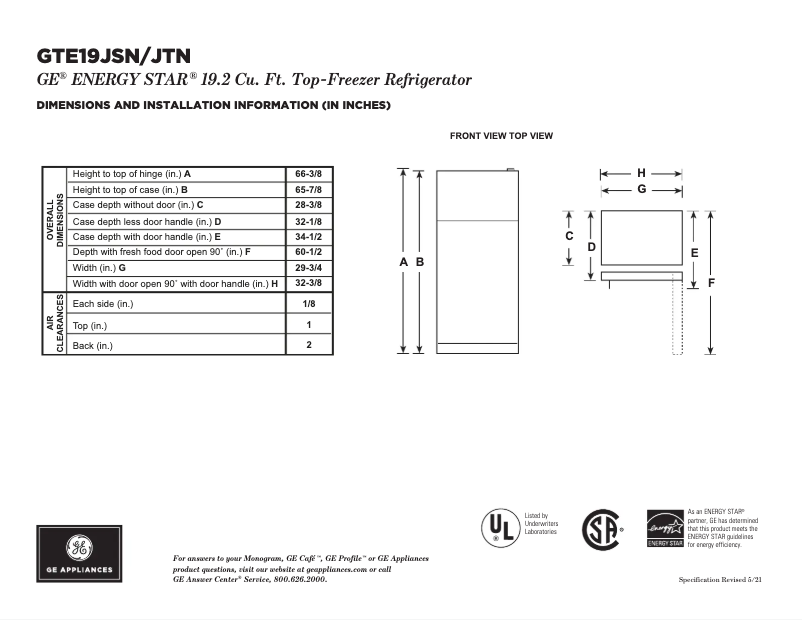 Page 1 de la notice Fiche technique GE GTE19JTNRBB