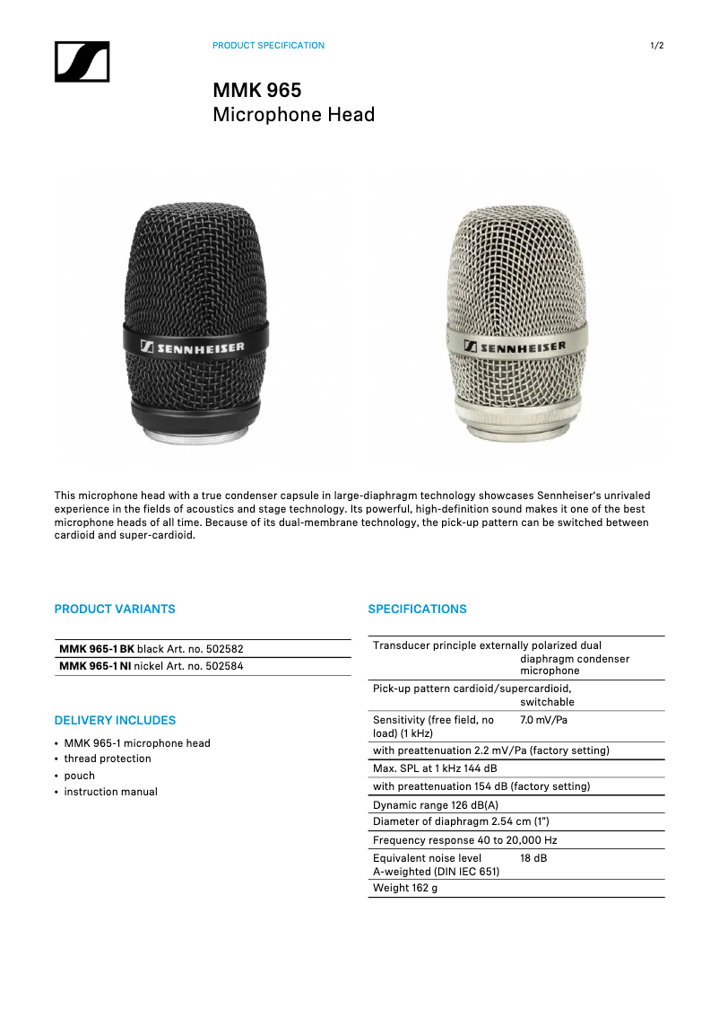 Page n°1 - Fiche technique Sennheiser MMK 965