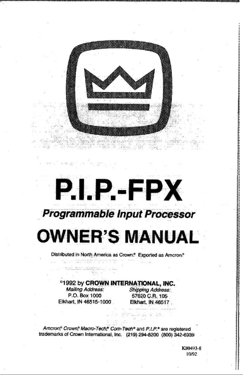 Page n°1 - Manuel utilisateur Crown P.I.P.-FPX