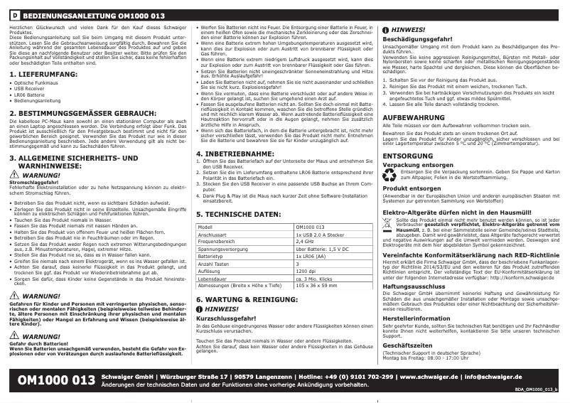 Page n°1 - Manuel utilisateur Schwaiger OM1000 013