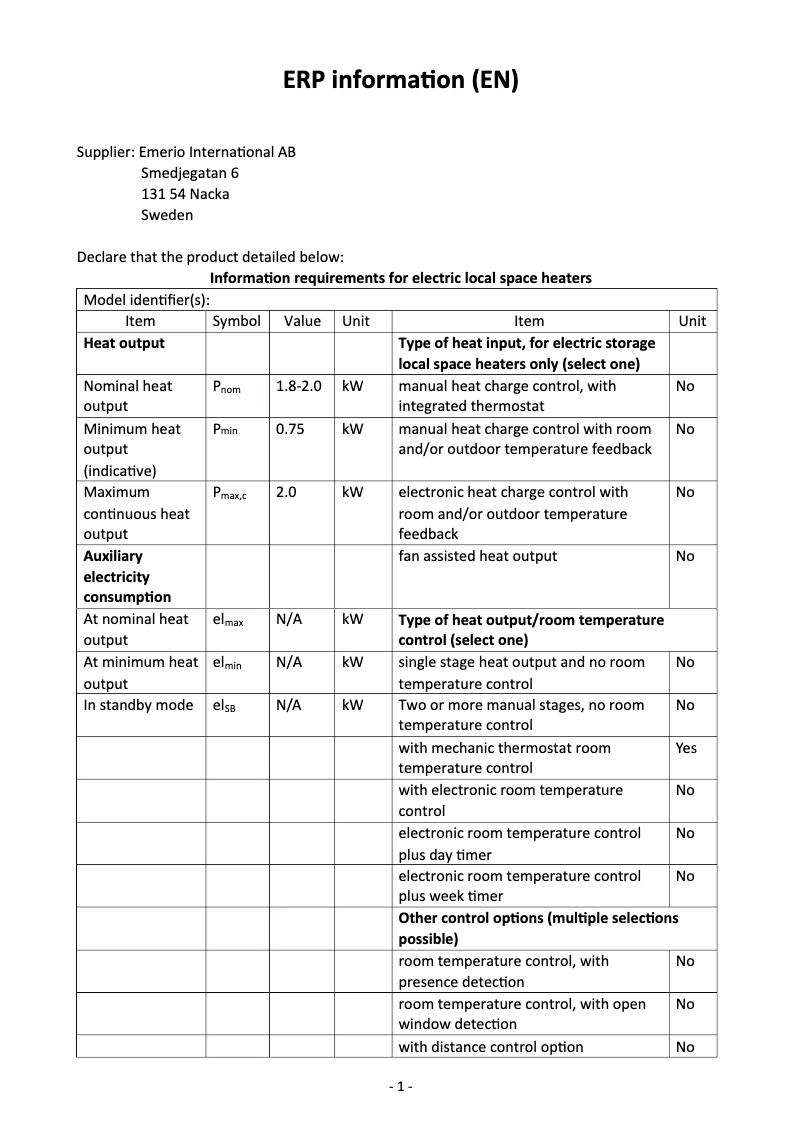 Page n°1 - Fiche technique Emerio CH-105499