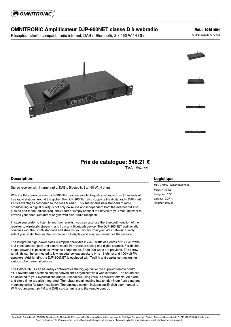 Page n°1 - Fiche technique Omnitronic DJP-900NET