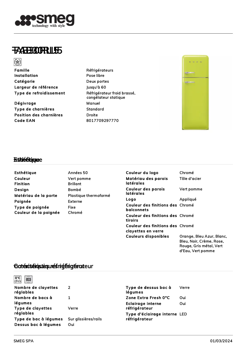 Page 1 de la notice Fiche technique Smeg FAB30RLI5