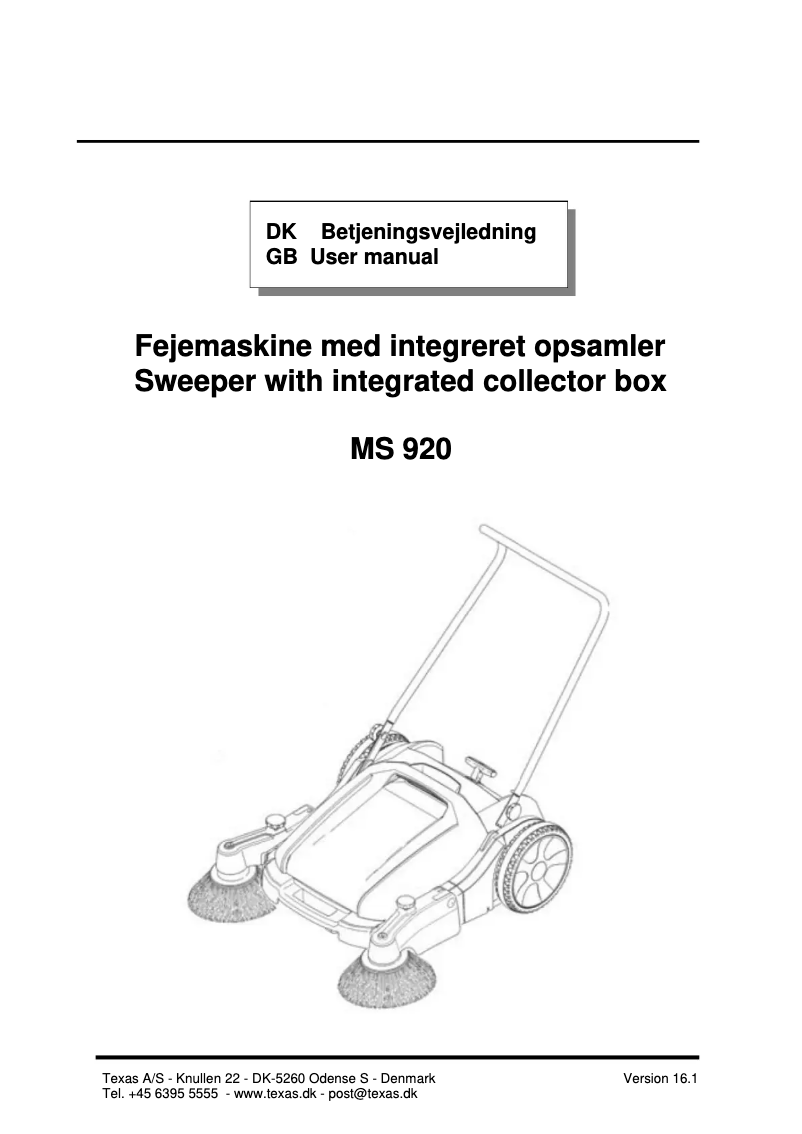 Page n°1 - Manuel utilisateur Texas Sweeper MS920