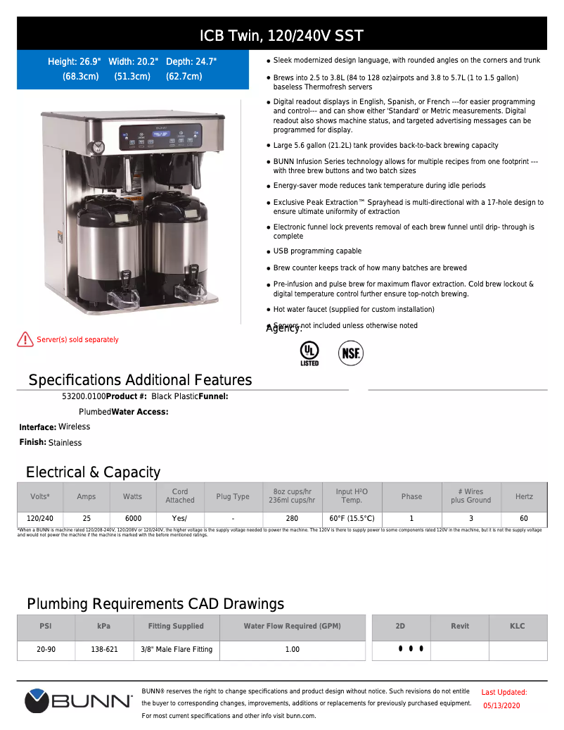Page 1 de la notice Fiche technique Bunn ICB Infusion Series