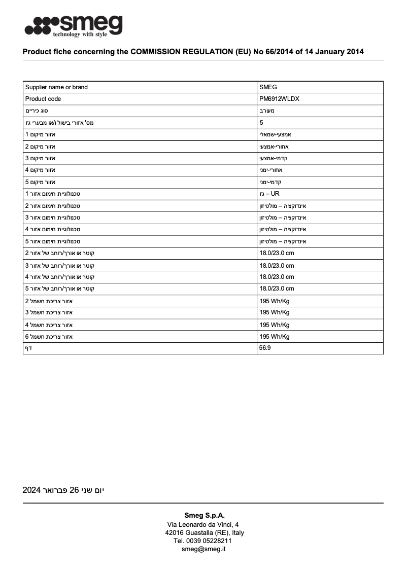 Page 1 de la notice Fiche technique Smeg PM6912WLDX
