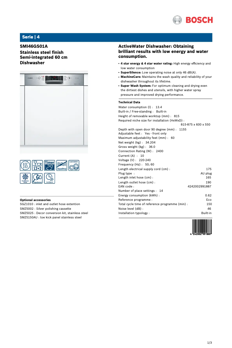 Page n°1 - Fiche technique Bosch SMI46GS01A