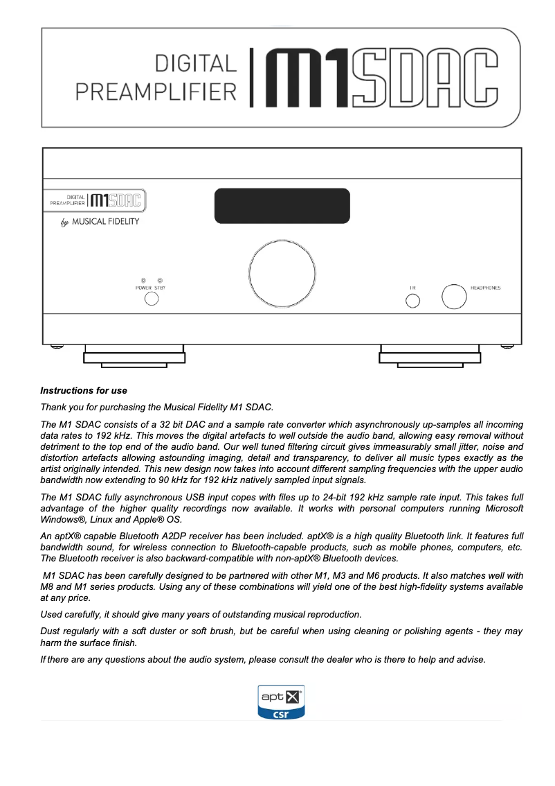 Page n°1 - Manuel utilisateur Musical Fidelity M1 SDAC