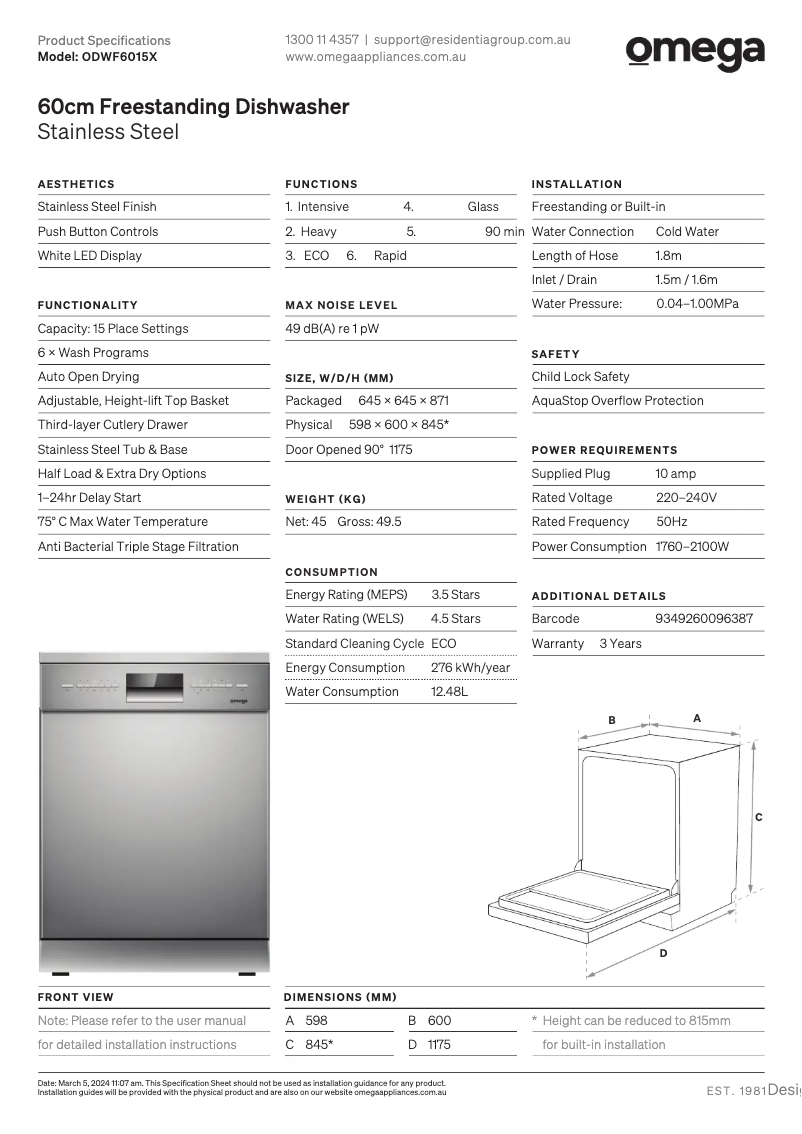 Page n°1 - Fiche technique Omega ODWF6015X