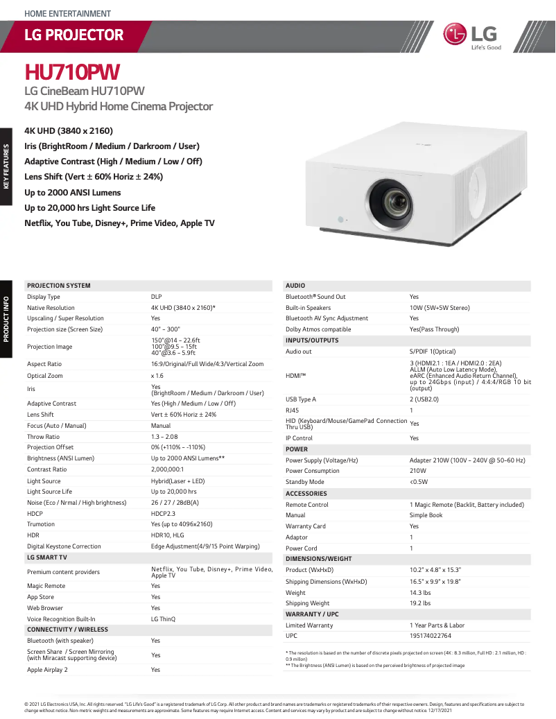 Página 1 del manual Ficha técnica LG CineBeam HU710PW