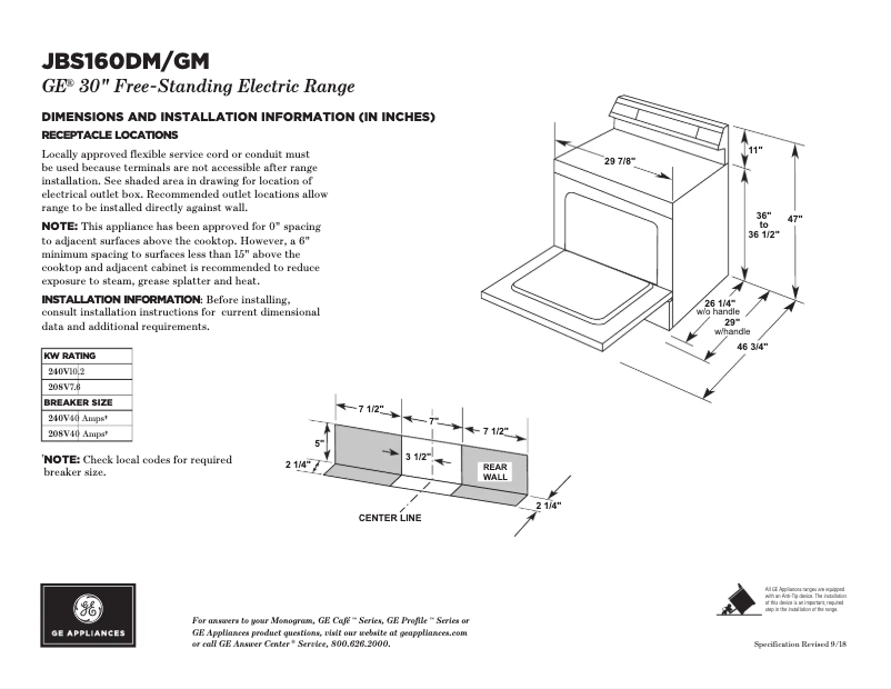 Page n°1 - Fiche technique GE JBS160DMBB