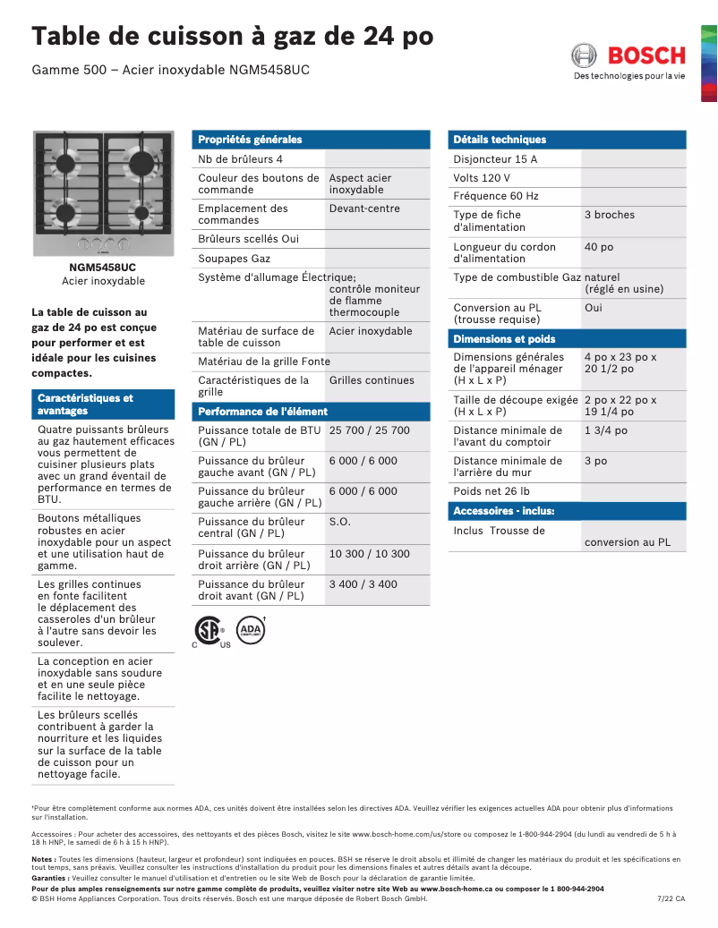 Page 1 de la notice Fiche technique Bosch NGM5458UC