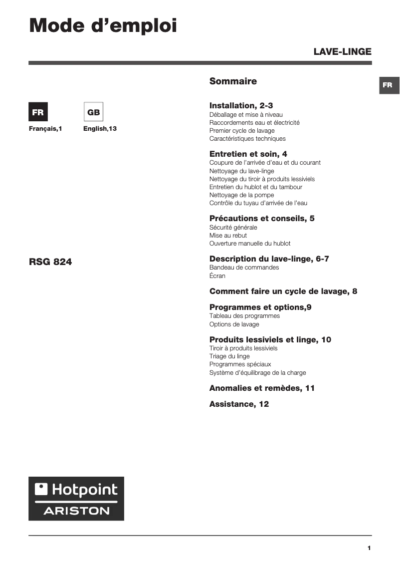 Page n°1 - Manuel utilisateur Hotpoint RSG 824