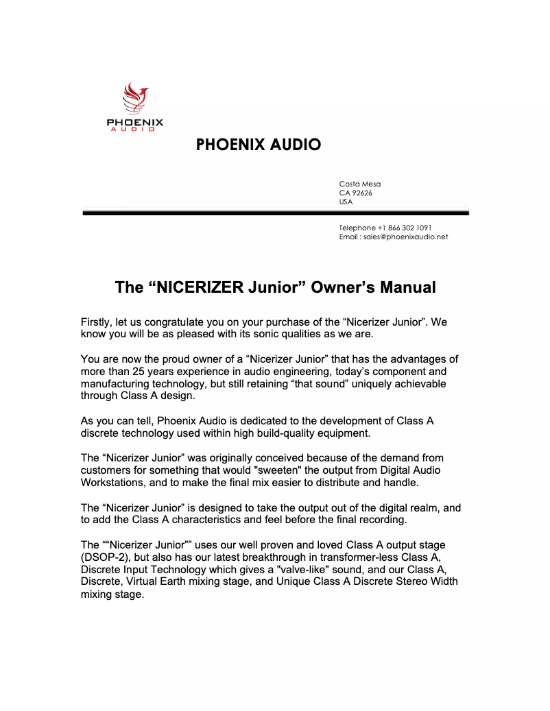 Page 1 de la notice Manuel utilisateur Phoenix Audio Nicerizer Junior
