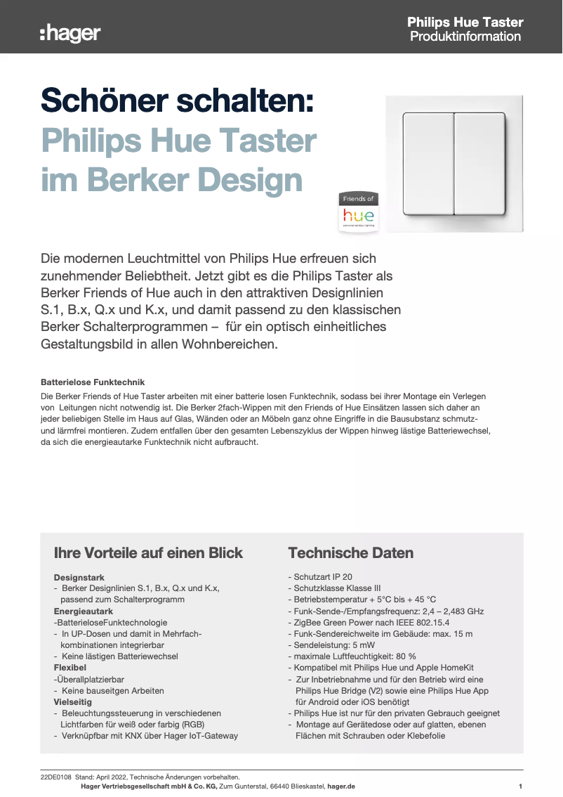 Page 1 de la notice Fiche technique Berker 24121434