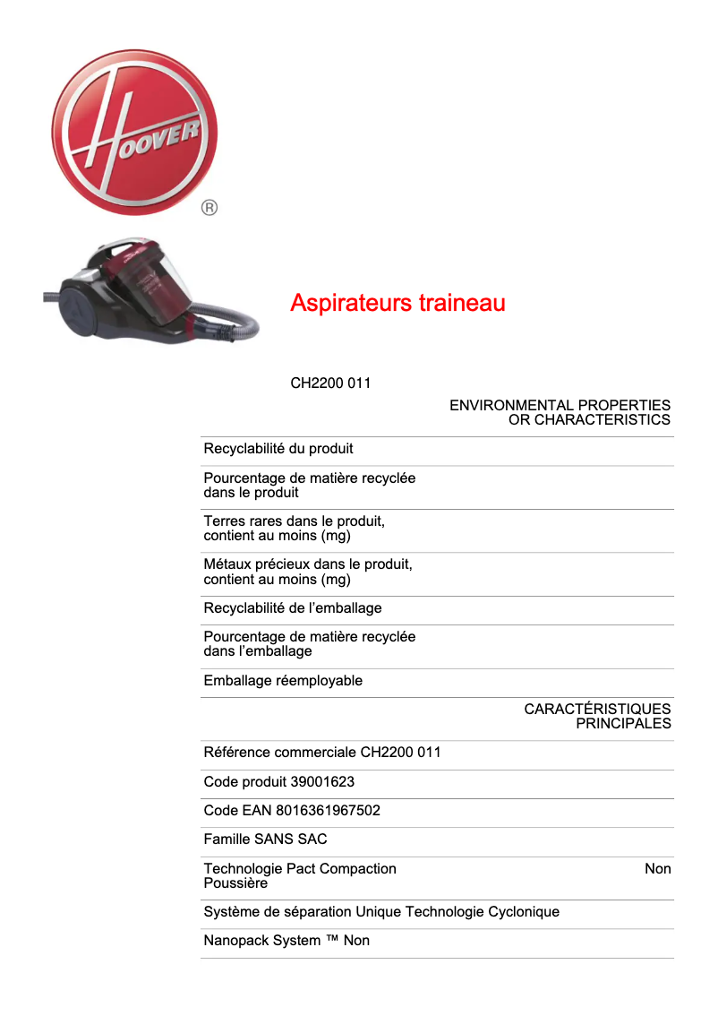 Page 1 de la notice Fiche technique Hoover CH2200 011