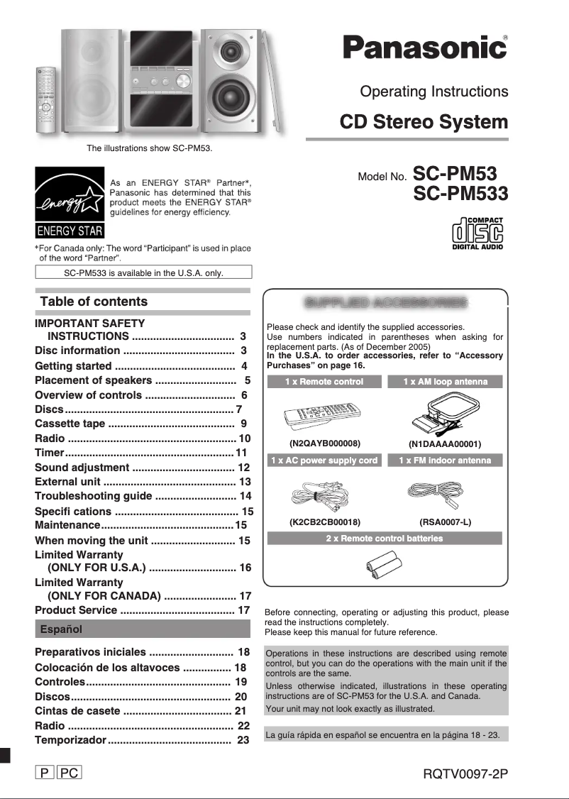 Page n°1 - Manuel utilisateur Panasonic SC-PM533