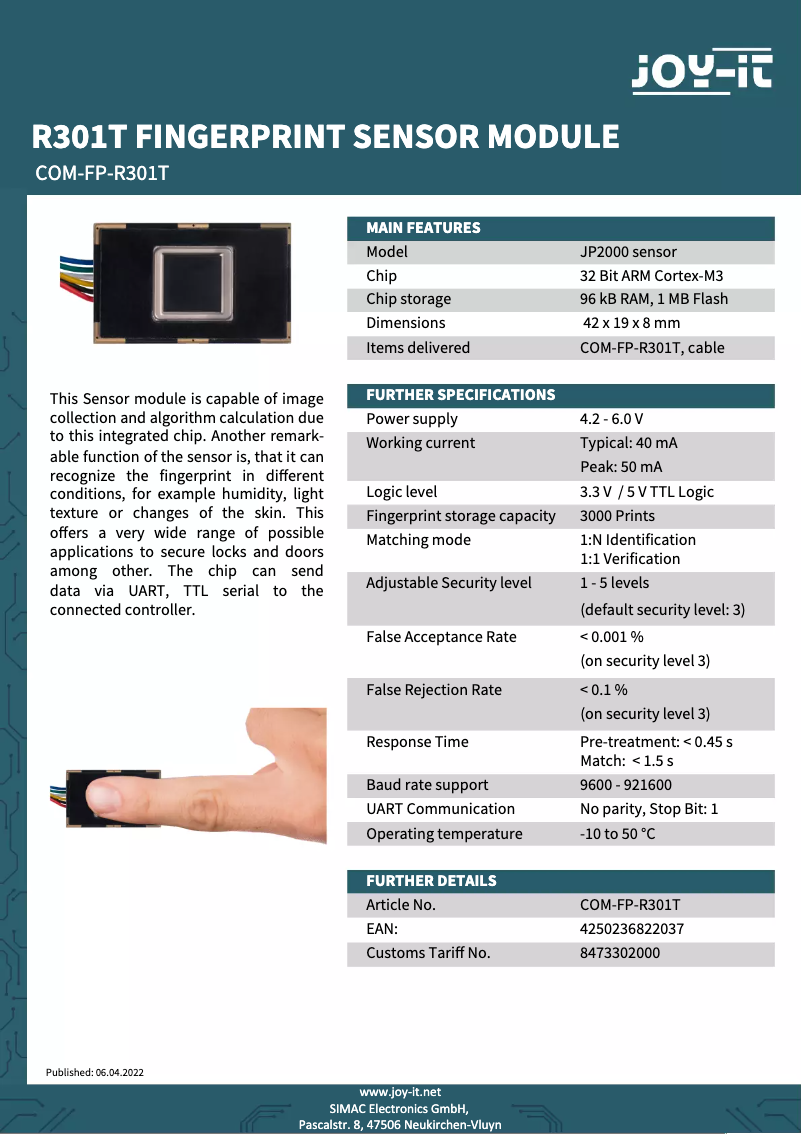 Page n°1 - Fiche technique Joy-It COM-FP-R301T