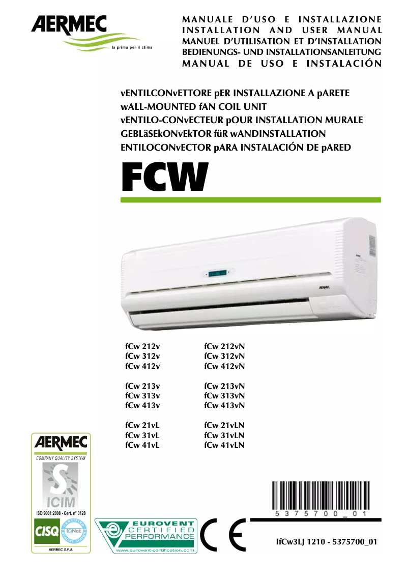 Página 1 del manual Manual de usuario Aermec FCW 31VL